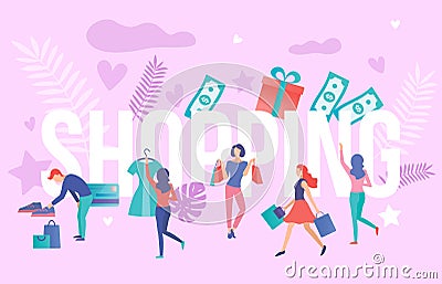 Summer shopping banner with customers Vector Illustration