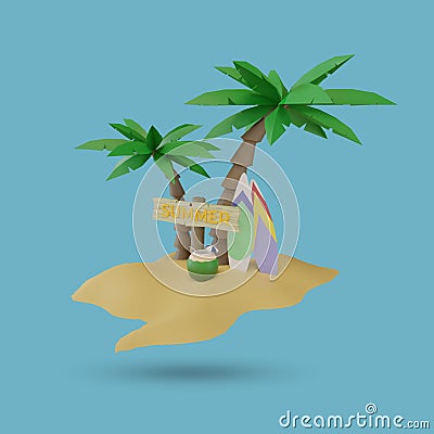 summer signboard with palm trees, surfboards and young coconuts, 3d render Stock Photo