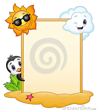 Summer signboard with penguin, sun character and smiling clouds Vector Illustration
