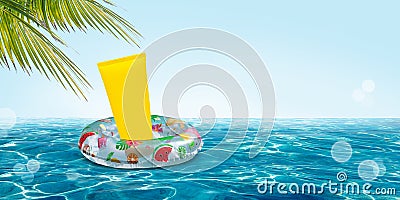 Summer skin protection concept with waterproof sun cream on a floating inflatable swim ring. Stock Photo