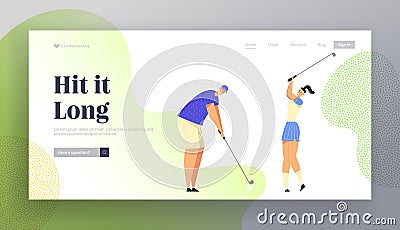 Summer Spare Time, Luxury Recreation, Golfing Website Landing Page, People Playing Golf on Course, Hitting Ball to Hole Vector Illustration