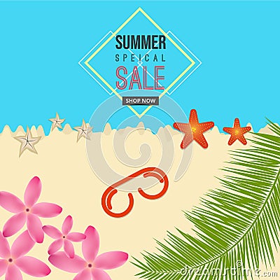 Summer special sale sea beach background with flower, sun-glass, starfish, coconut tree elements. Vector Illustration