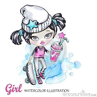 Summer sport illustration. Watercolor card grunge girl with skateboard and lemonade. Teenager. Cartoon Illustration