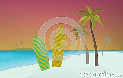 Summer Sport - Surfing and wakeboarding vector concept illustration. Surfboard and wakeboard stuck in the sand Vector Illustration