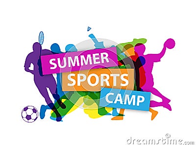 `SUMMER SPORTS CAMP` banner with silhouettes taking part in various sports Stock Photo