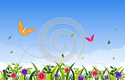 Summer Spring Blooming Flower Nature with Butterfly Park Background Vector Illustration