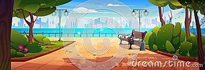 Summer or spring city public park with bench Vector Illustration