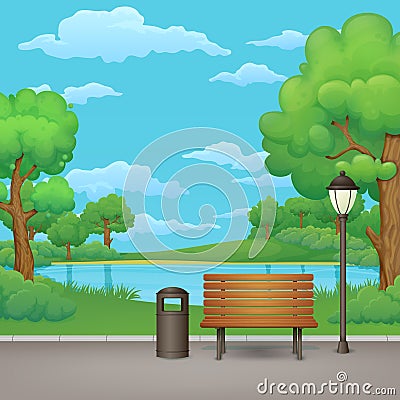 Summer, spring day park. Wooden bench, trash bin and street lamp with a lake in the background. Vector Illustration