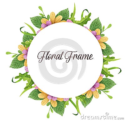 Summer, spring, easter, birthday, wedding circle frame with flowers, leaves and branches. Cartoon Illustration