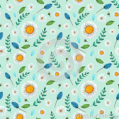 Summer, spring, easter, birthday, wedding seamless green pattern with flowers chamomile and leaves. Cartoon Illustration