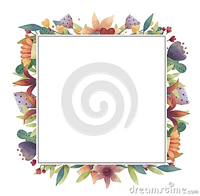 Summer, spring, easter, birthday or wedding square frame with flowers, leaves and branches. Cartoon Illustration