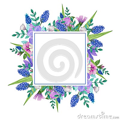 Summer, spring, easter, birthday, wedding square frame with flowers, leaves and branches. Cartoon Illustration