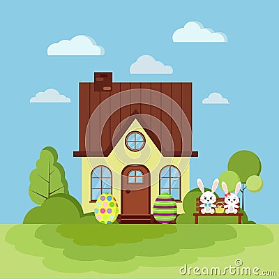 Summer or spring easter landscape nature scene with rural house with chimney Vector Illustration