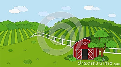 Summer or spring farm doodle concept in countryside. Cartoon vector cute Red barn with open doors, white fence and clouds, green Vector Illustration