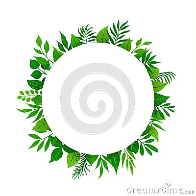 Summer spring green leaves branches twigs plants foliage greenery round circle frame with place for text Vector Illustration