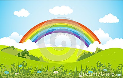 Summer Spring Green Valley Rainbow Outdoor Landscape Illustration Vector Illustration