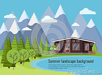 Summer or spring lake landscape scene with country rural farm house Vector Illustration