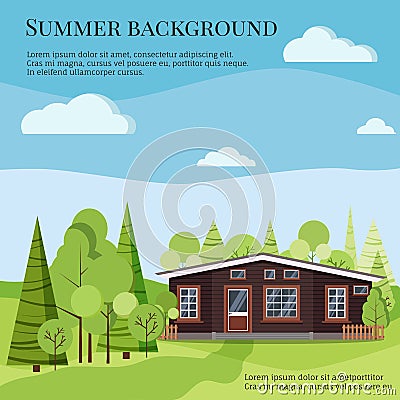 Summer or spring landscape banner background with wooden country rural farm house Vector Illustration