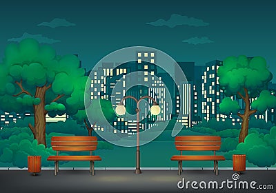 Summer, spring night park. Two benches with trash cans and street lamp on a park trail with cityscape in the background. Vector Illustration