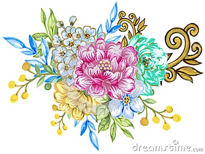Summer and Spring Romantic sweet bouquet blossom watercolor Birdcage with peony rose leaves foliage flowers garden Watercolor Stock Photo