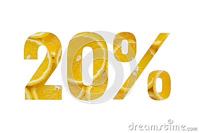 Summer or spring sales.20 percent discount on promotion on white banner.Advertising with Numbers on paper,cut out of bright orange Stock Photo