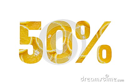 Summer or spring sales.50 percent discount on promotion on white banner.Advertising with Numbers on paper,cut out of bright orange Stock Photo
