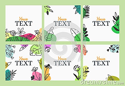 Summer and spring social media post with floral leaves doodle Vector Illustration