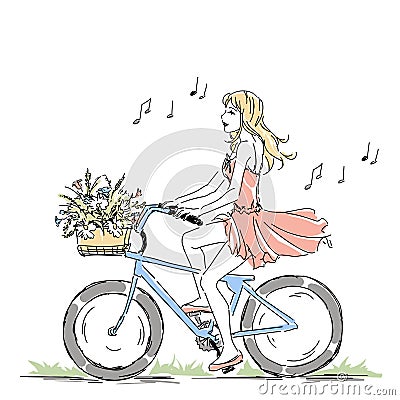 Summer or spring time, cute elegant girl riding a bike with floral baskets Vector Illustration