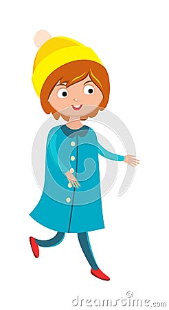 Summer or spring vector girl, modern little walking girl outdoor. Vector Illustration