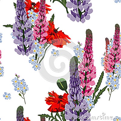 Summer spring wild lupines pink, violet flowers, red poppy and blue forget-me-not flowers. Vector Illustration