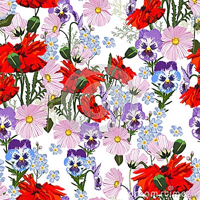 Summer spring wild pink, violet flowers, red poppy and blue forget-me-not flowers. Vector Illustration