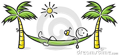 Summer stick figure lies in a hammock with palm trees and sun isolated vector Vector Illustration