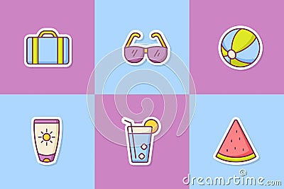 Summer sticker icon icons set collection package with color outline style Cartoon Illustration