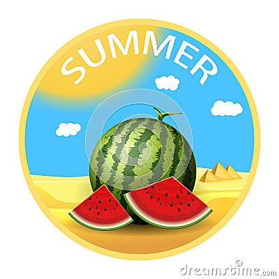 Summer sticker. Realistic watermelon with slices. Travel concept Vector Illustration