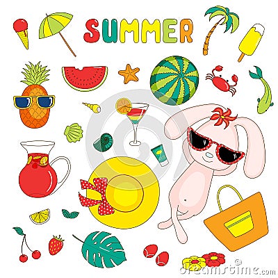 Summer stickers with bunny Vector Illustration