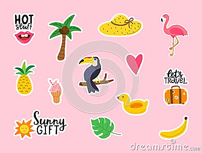 Summer stickers collection on pink background. Cute doodle design elements for cards, posters, party invitation. Summer party set Vector Illustration