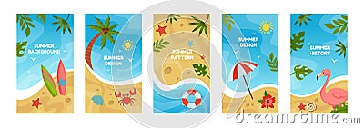 Summer story posters. Social media banners set. Tropical resort. Spring palm leaves. Seashore rest. Bright cards. Beach Vector Illustration