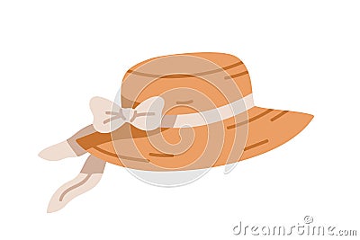 Summer straw hat for kids girls. Beach sunhat with ribbon and bow. Childs girly sun headwear with brims. Female holiday Vector Illustration