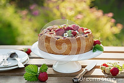 Summer strawberry cake wooden table Stock Photo