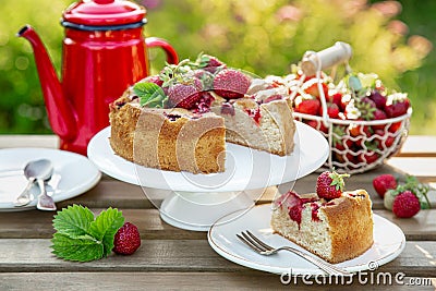 Summer strawberry cake wooden table Stock Photo
