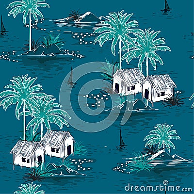 Summer stylish seamless Dark ocean island pattern on blue background. Landscape with palm trees,beach Stock Photo