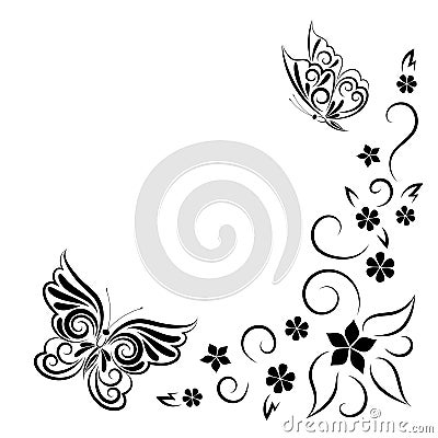 Summer stylized composition of butterflies and flowers. The image is drawn by a black line in the form of an ornament. Clipart for Stock Photo