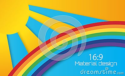 Summer sun with clouds and rainbow background. Paper cut style. Vector Illustration