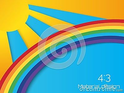 Summer sun with clouds and rainbow background. Paper cut style. Vector Illustration