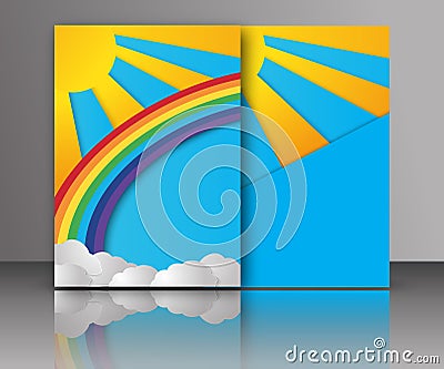 Summer sun with clouds and rainbow background. Paper cut style Vector Illustration