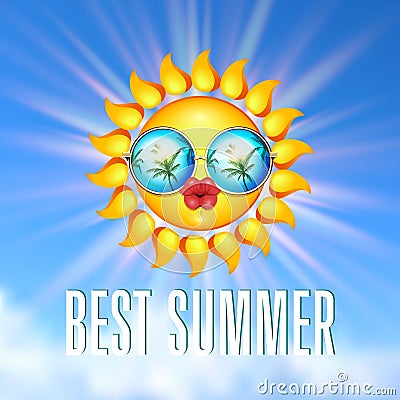 Summer Sun Face with sunglasses and full lips. Cartoon Illustration