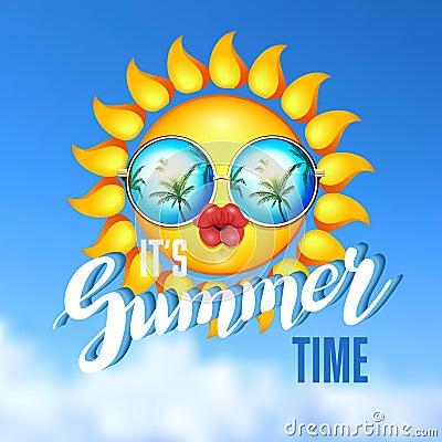 Summer Sun Face with sunglasses and full lips. Cartoon Illustration