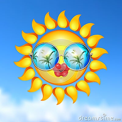 Summer Sun Face with sunglasses and full lips. Cartoon Illustration