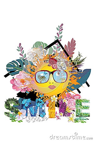 Summer Sun Face with sunglasses and a ship with palms and flowers. Vector Illustration