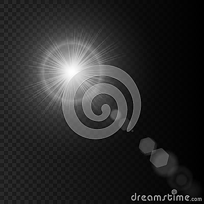 Summer sun lens flare with realistic light, lens flare lights and lens flare glow on black background, star lens flares Vector Illustration